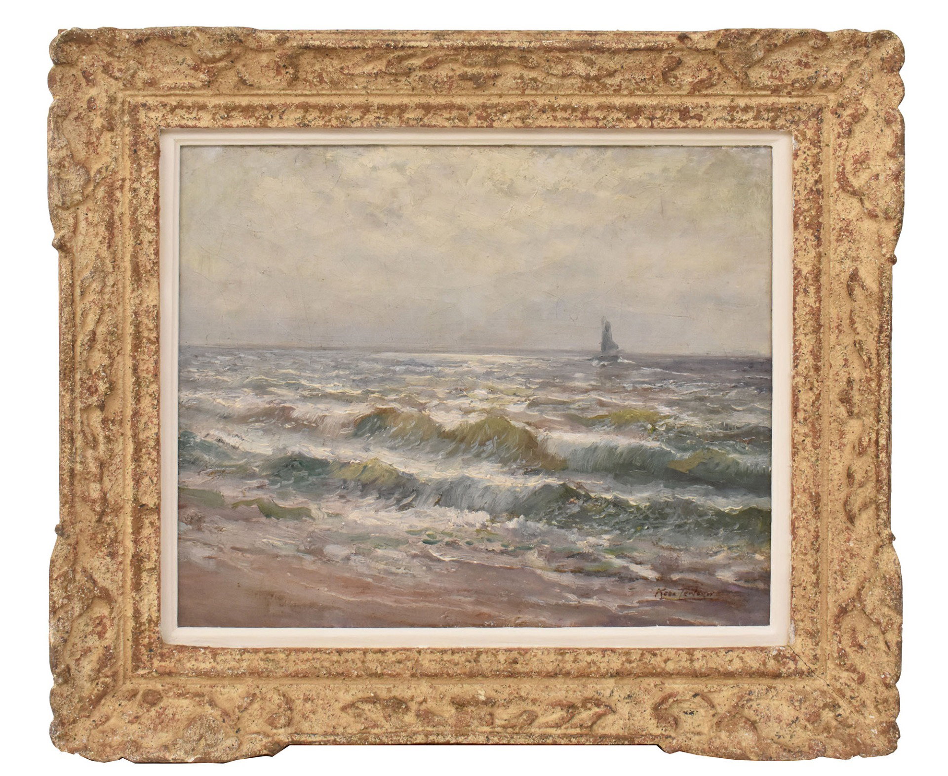 ANTIQUE PAINTINGS, ART DECO, SEASCAPES, MARINA WITH WAVES, OIL ON CANVAS PAINTING, EARLY 20TH CENTURY. (QM717)